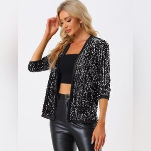Allegra K Women's Sequin Cardigan Christmas 3/4 Sleeve Open Front Jacket NWT